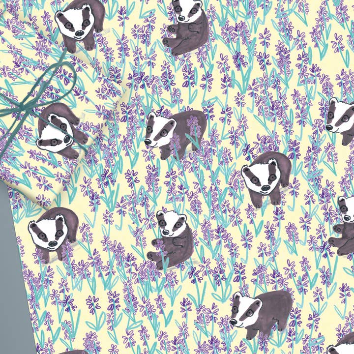 Badgers & Bluebells Flat Sheet Wrap for wholesale by Jo Clark Design