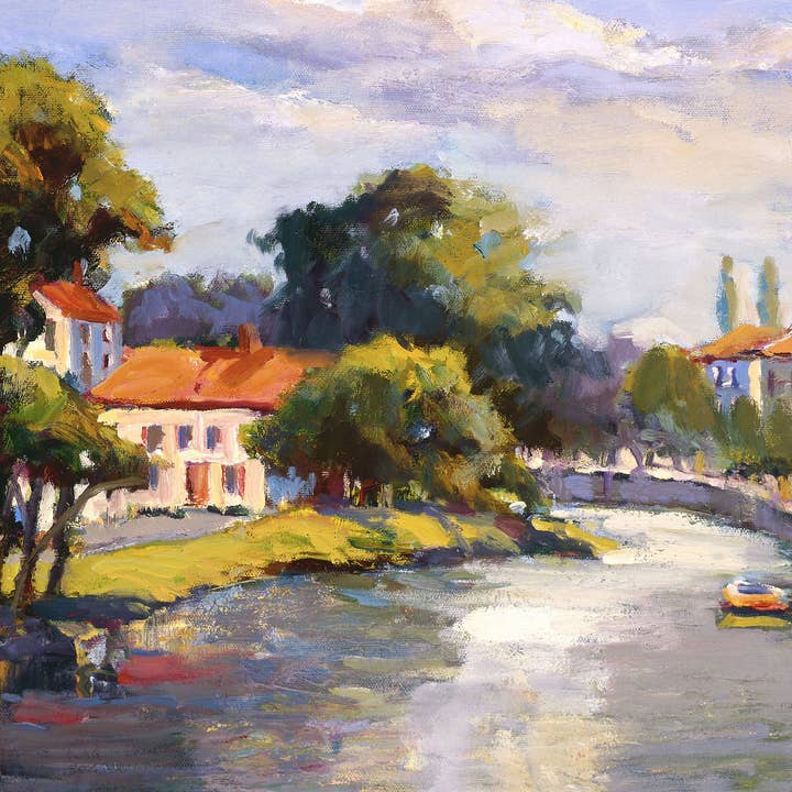 Französisches Dorf mit Kanal, Hochglanz-Acryldruck für den Großhandel von John Beard Fine Art
