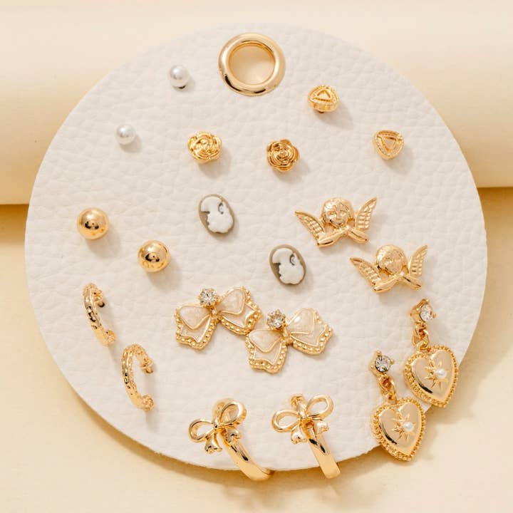 Mixed Floral Cherub And Hearts 10 Pair Stud Earrings Set for wholesale by Anarchy Street