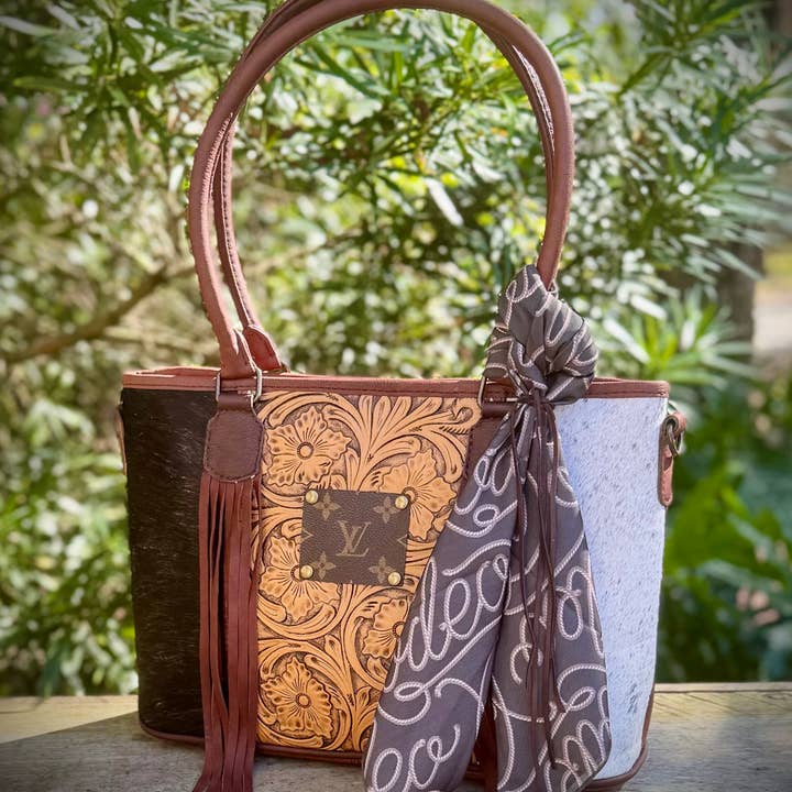 Upcycled LV Cowhide Leather Tote Handbag Western Rodeo NFR for wholesale by Southern Junkie Gypsy Boutique