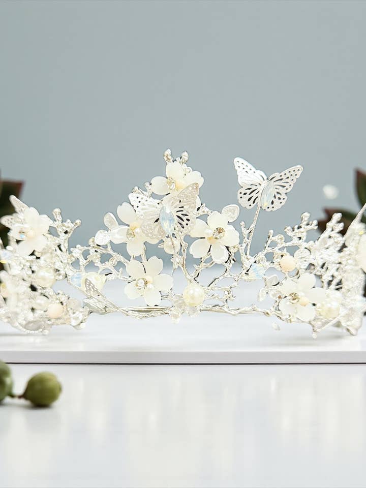Silver tiara with butterfly, White Pearl Crown, Flower Crown for wholesale by Happy Dream Gifts