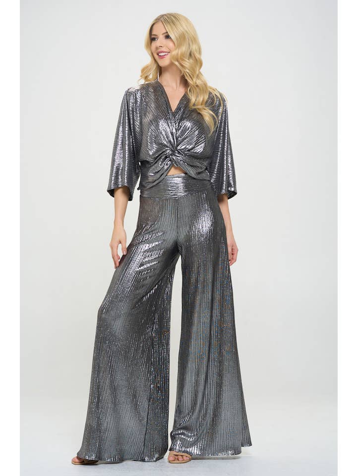 Silver Made in USA Metallic Pants w/ Elastic Waist for wholesale on Faire