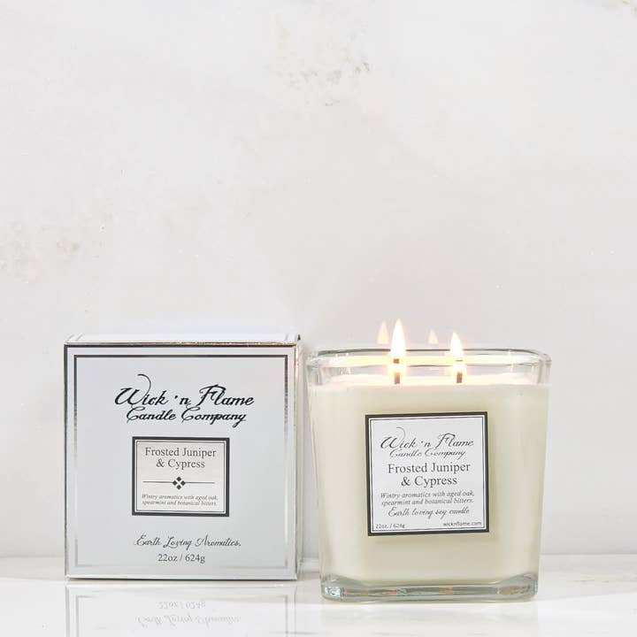 Frosted Juniper & Cypress 22oz Cube for wholesale by Wick 'n Flame Candle Company