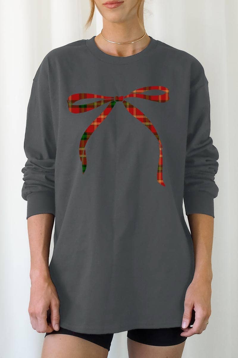 COLORBEAR - Vendita all'ingrosso Maglietta stampata - Donna - Maglietta grafica natalizia a maniche lunghe con fiocco rosso6