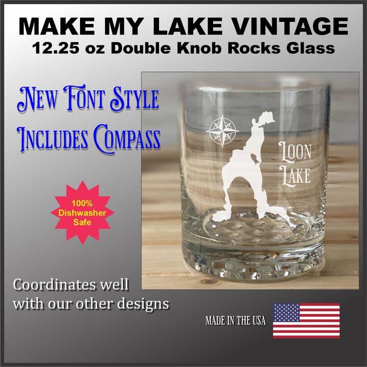 Make My Lake - Double Knob Rocks Glass for wholesale by Adirondack Etching LLC