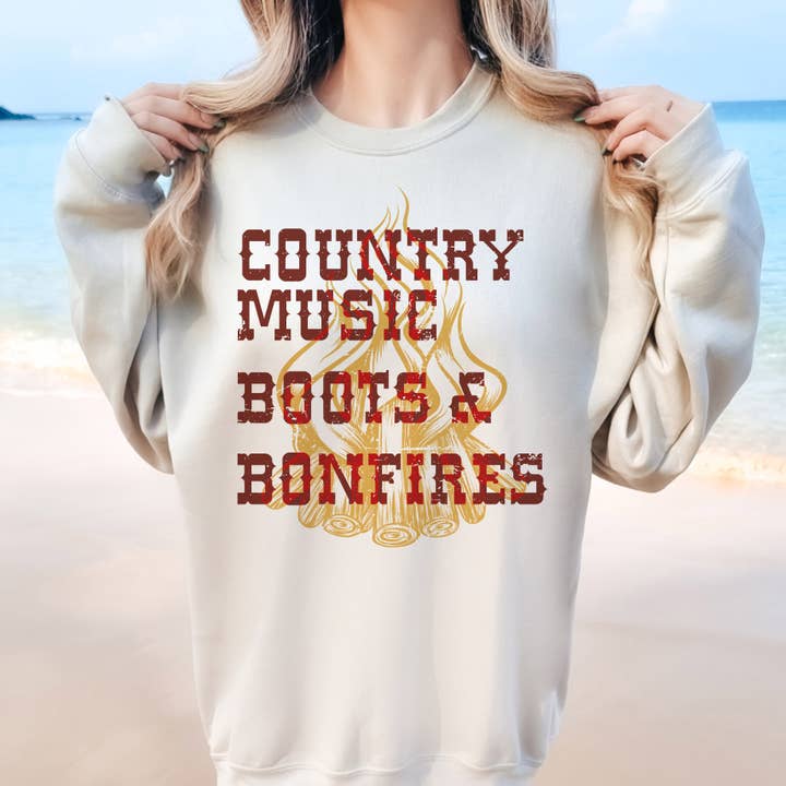 Country Music Boots and Bonfires Crewneck Sweatshirt for wholesale by Untamed Country