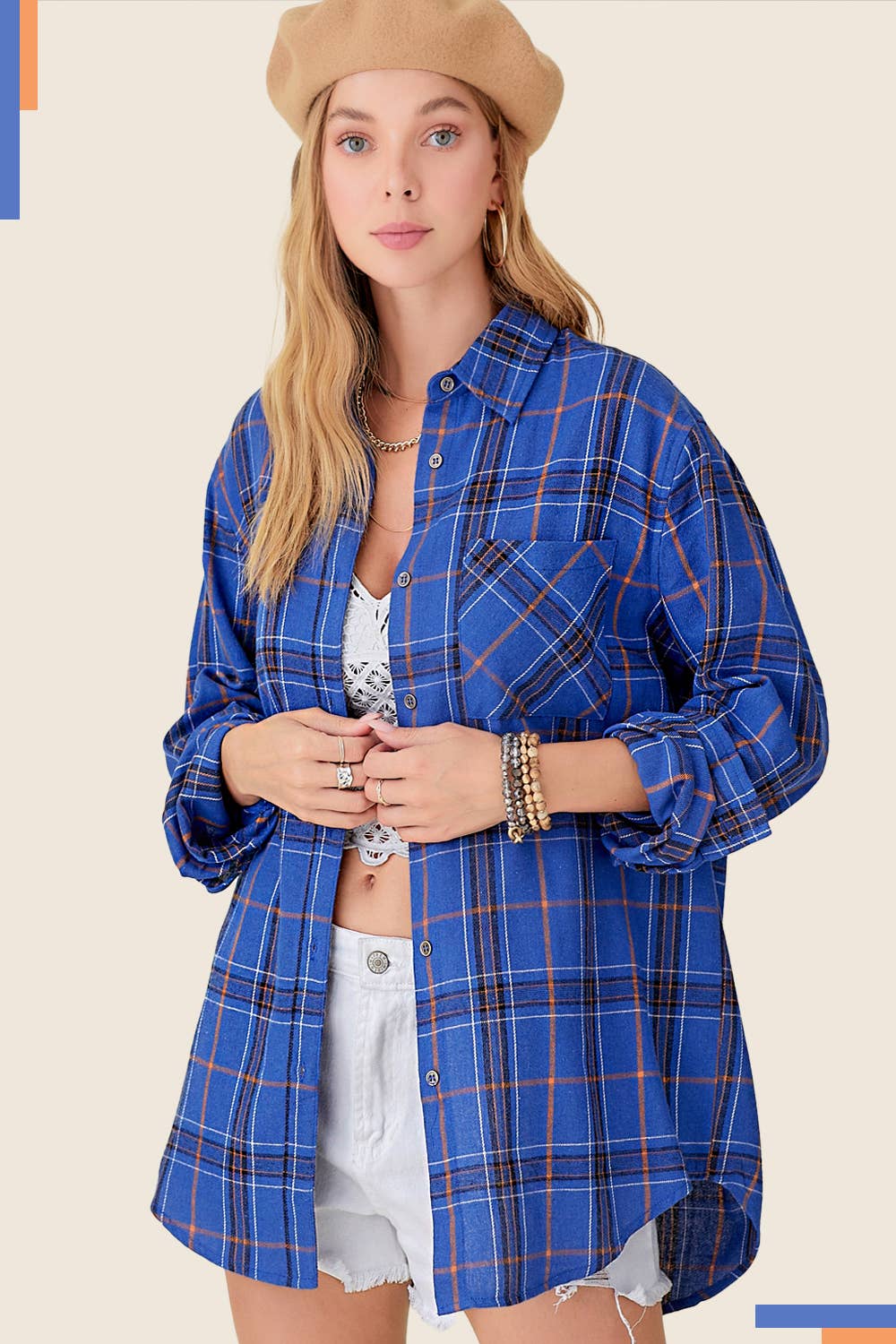 La Miel - Wholesale Button Down Shirt - Women's - SRT1312-Loose Fit Button Down Soft Fabric Plaid Shirts11