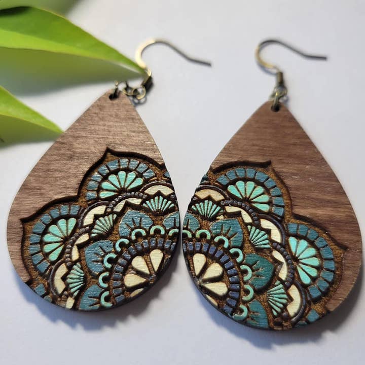 Elskas Designs - Wholesale Dangle Earrings - Teal Teardrop Mandala Wood Earrings1