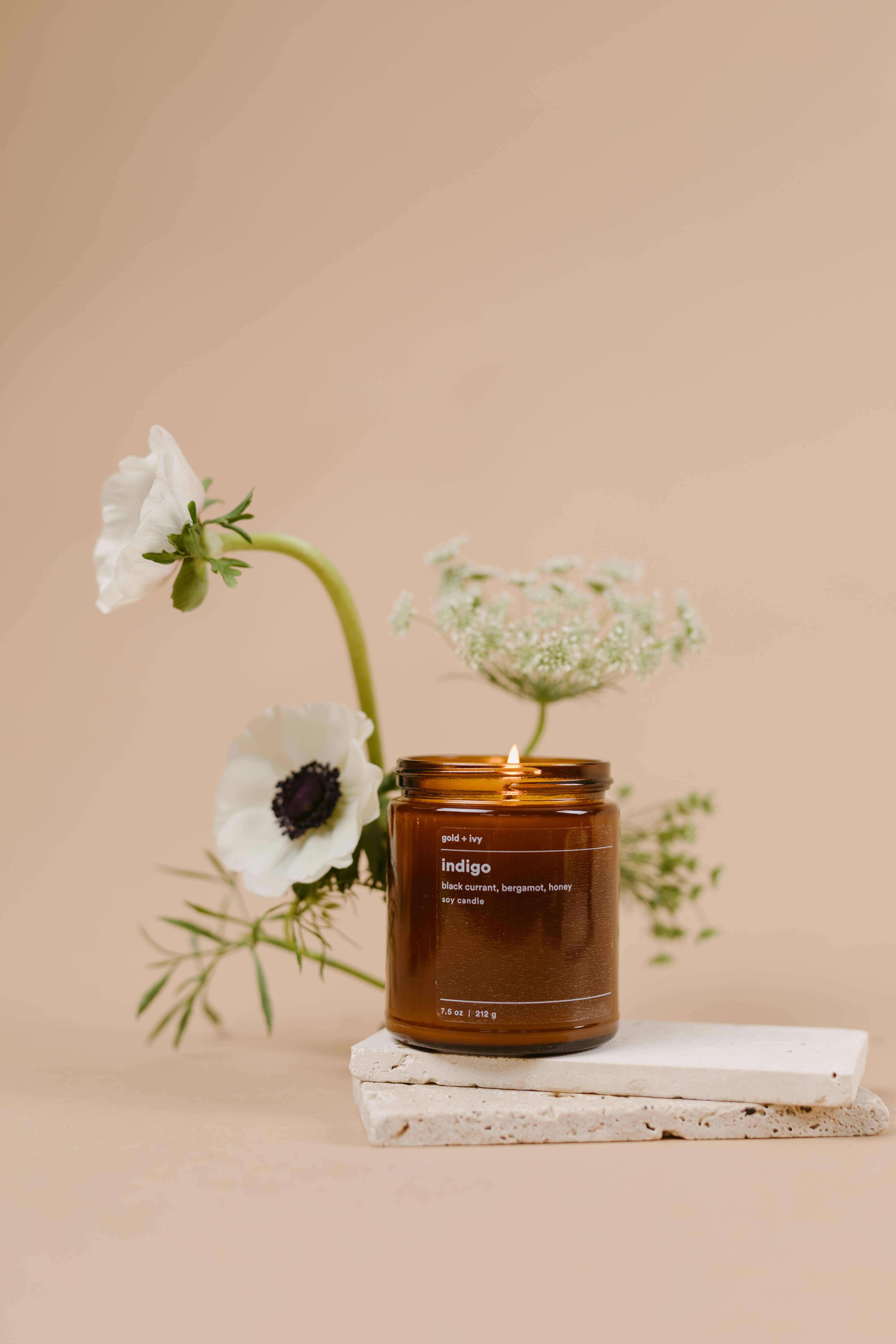 gold + ivy - Wholesale Jar/Filled Candle - indigo soy candle - black currant, bergamot, honey 1