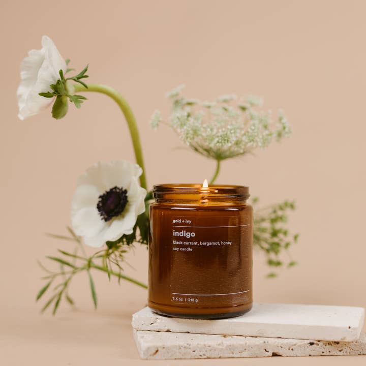gold + ivy - Wholesale Jar/Filled Candle - indigo soy candle - black currant, bergamot, honey 1