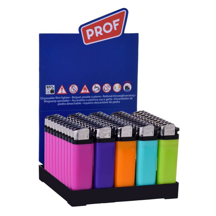 Display of 50 Trendy color lighters for wholesale by PROF