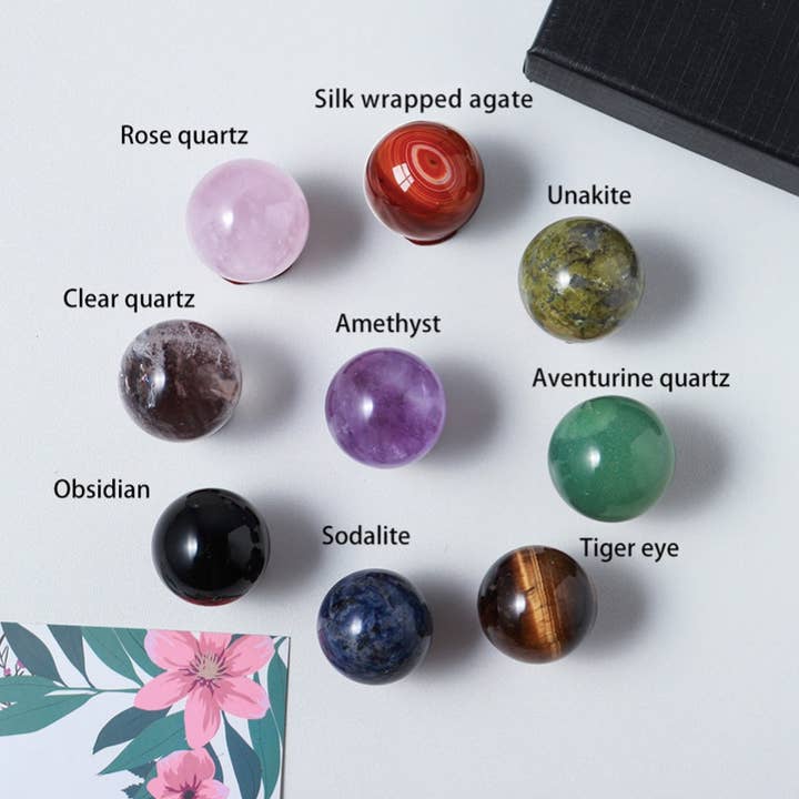 Crystolver – wholesale Andlig sten/kristall – 9 st Crystal Sphere samling med stativ