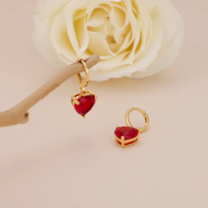 Melange Blanc - Wholesale Dangle Earrings - E149 red heart earrings, heart hoops, heart dangle earrings