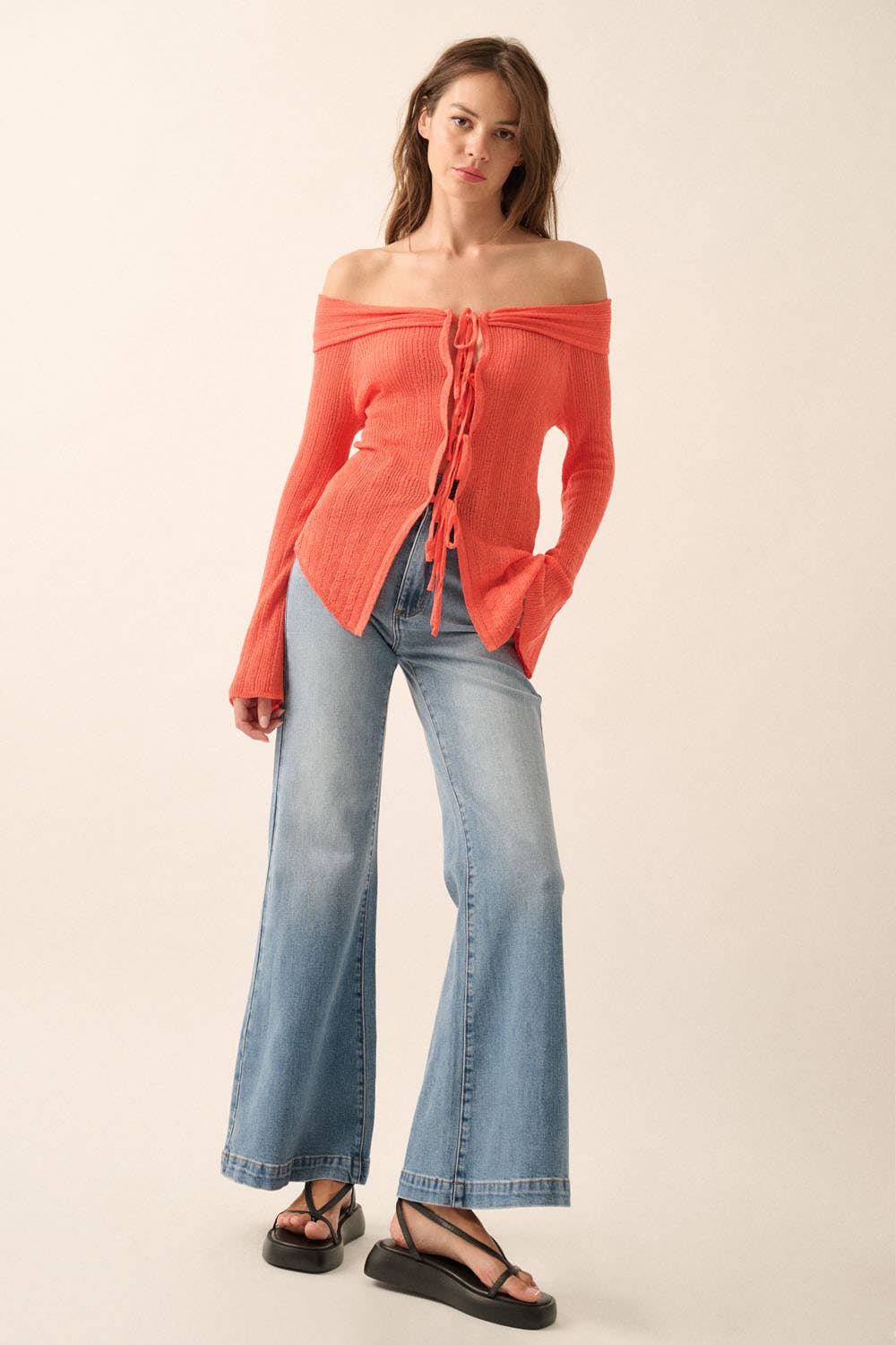 Promesa USA - Wholesale Cardigan - Women's - Ribbed Knit Off-Shoulder Tie-Front Cardigan10