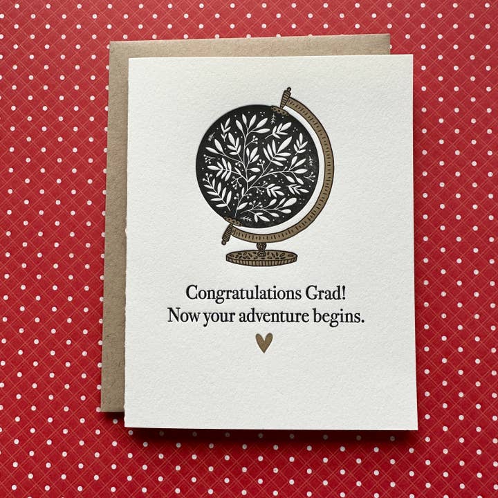 Graduation Adventure Begins - letterpress card for wholesale by Lucky Bee Press