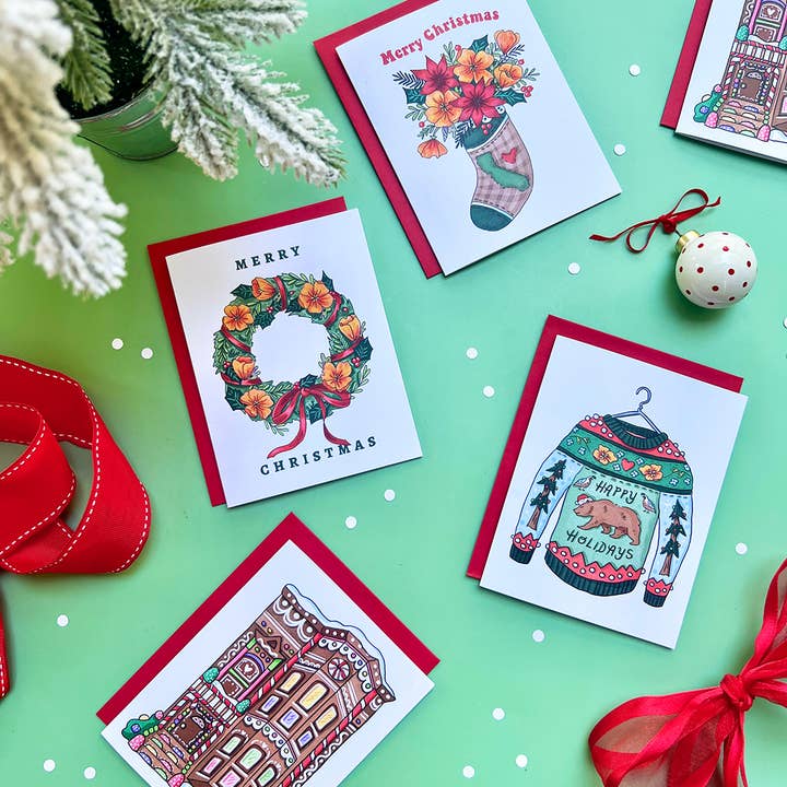 Brenna Daugherty Illustration - Wholesale Season's Greetings Card - San Francisco Gingerbread House Holiday Cards - Set of 6