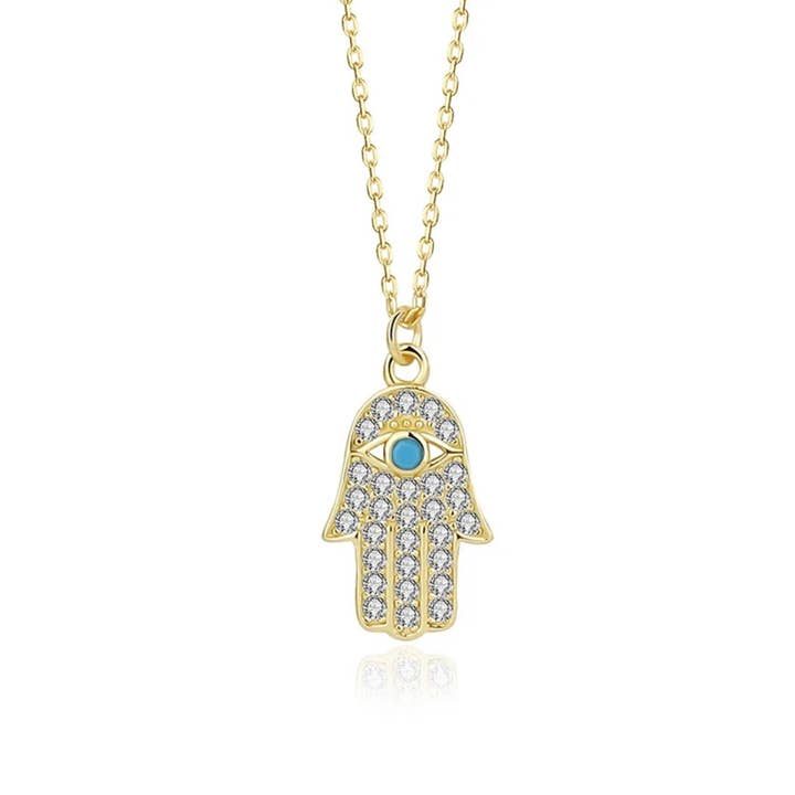 Collana a mano Hamsa con zircone turchese in oro 18 carati su argento sterling per la vendita all'ingrosso da parte di Bloo and Ro