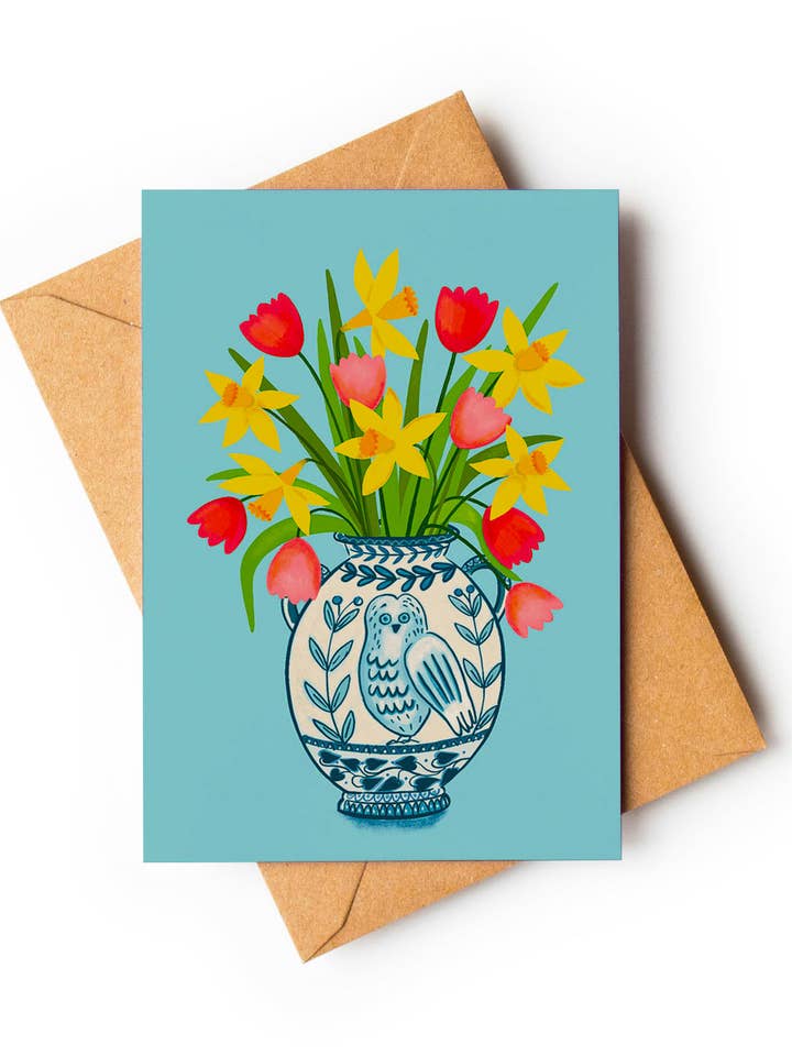 Spring Flowers in Owl Vase: A6 Card for wholesale by Su Owen