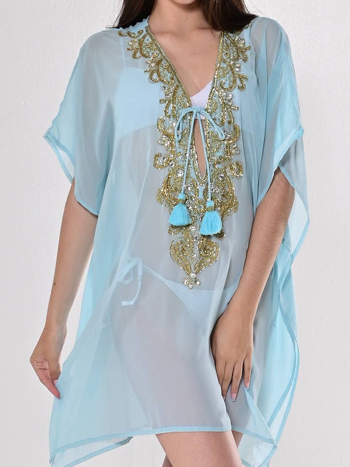 Women's Chiffon Bathing Suit Cover-Up Sheer w/Bling Applique for wholesale by Azucar & Bohio