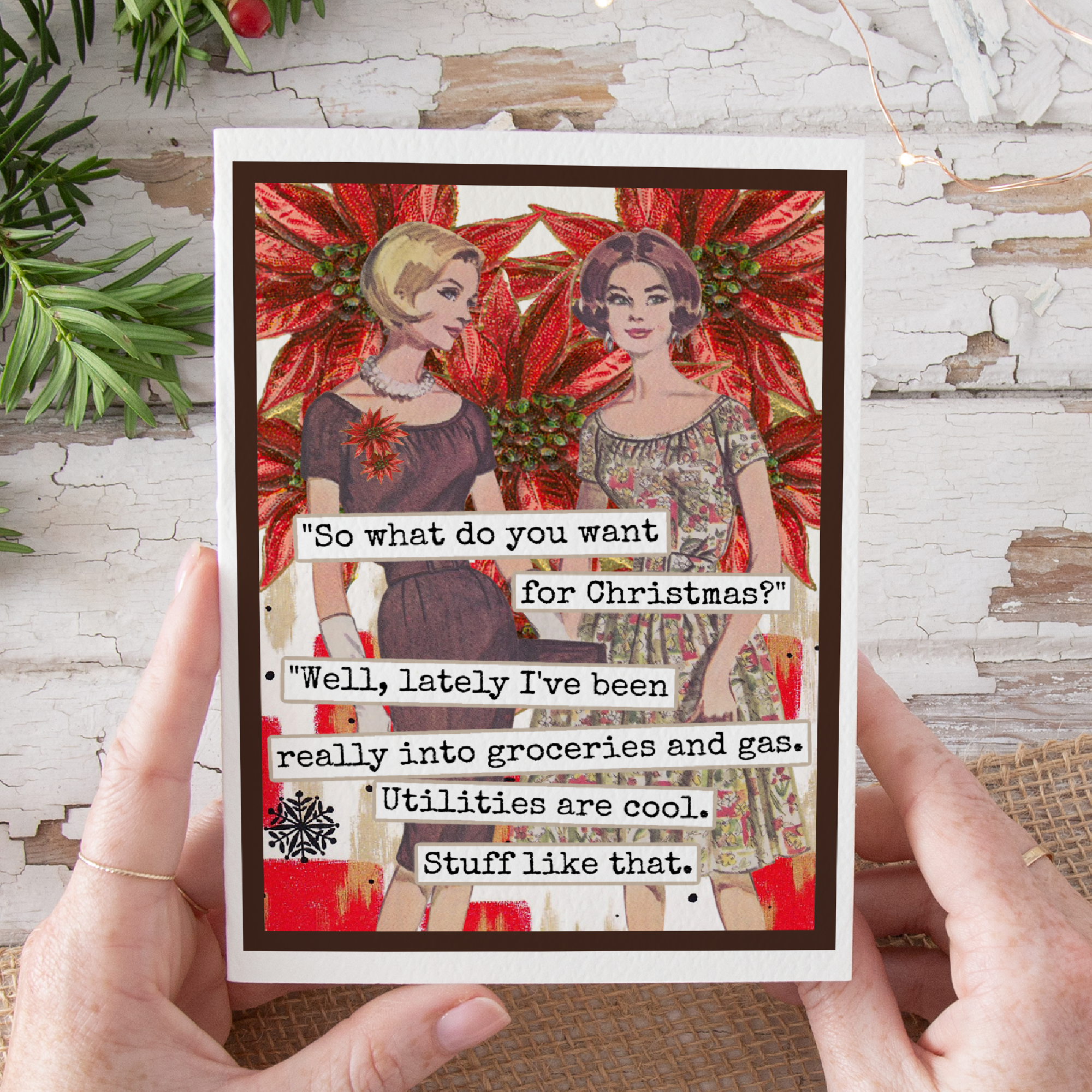 Raven's Rest Studio - Wholesale Kerstkaartje - Grappige kerstkaart. Ik hou echt van boodschappen en gas. Wijnoogst5