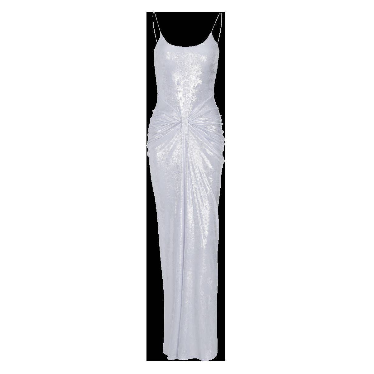 Argent Robe Maxi Fendue Froncée Nouvelle Déesse Sultry 2025 en vente sur Faire16