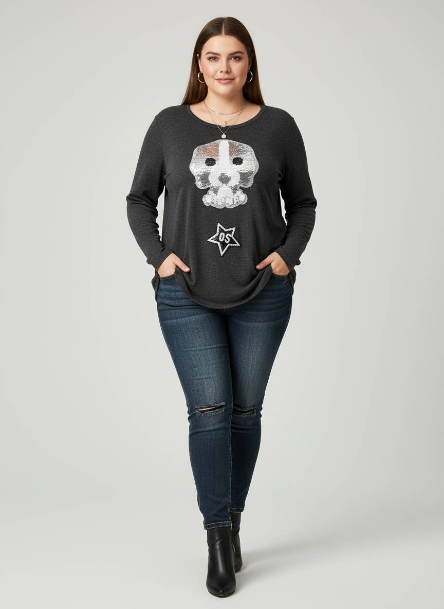 Pomme Rouge Paris – wholesale Tunic sweater – Women’s – Plus-size grey sweater with sequin pattern (A907)0