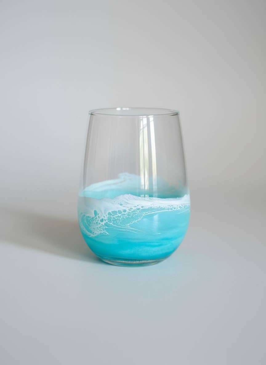 Artful Nests - Wholesale Wine Glass - Stemless Wine Glass with Resin Waves - Light Teal 1