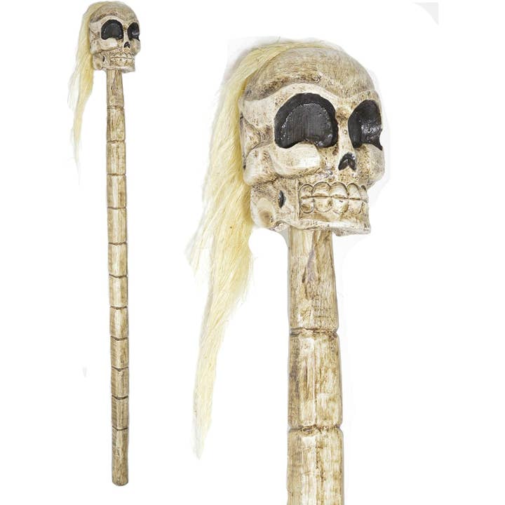 White Elephant - Wholesale Sculpture - Wood Pirate Skull Skeleton Walking Stick Cane Skeleton