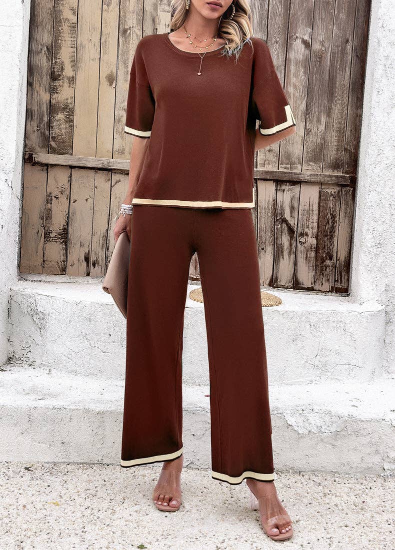 L Michele - Wholesale Set met top en broek (GEEN Loungewear) - Dames - Casual gebreide, contrasterende blousebroek met korte mouwen12