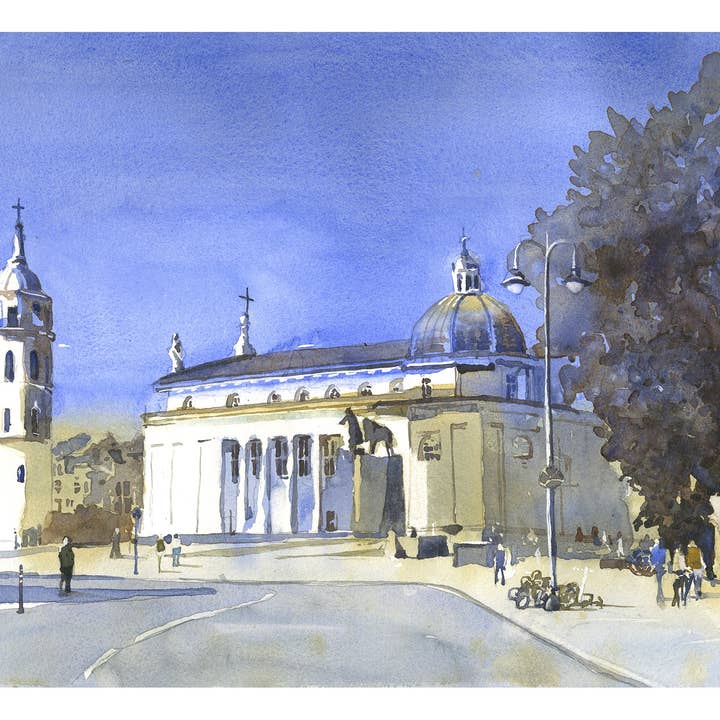Vilnius Cathedral colorful watercolor painting Lithuania cityscape art for house Eastern Europe trave essentials handmade item (print) for wholesale by Ryan Fox Fine Art