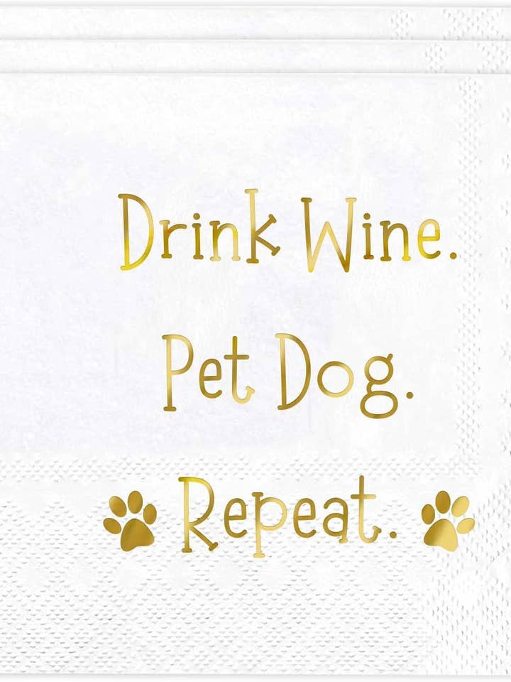 1006 Beba Vinho Acaricie o Cão Repita Guardanapos de Folha Dourada - Pack de Guardanapos de Cocktail Divertidos e Descartáveis para Amantes de Cães, Festas de Vinho, Aniversários, Noite de Raparigas e Reuniões Casuais por atacado de sylvarastudio