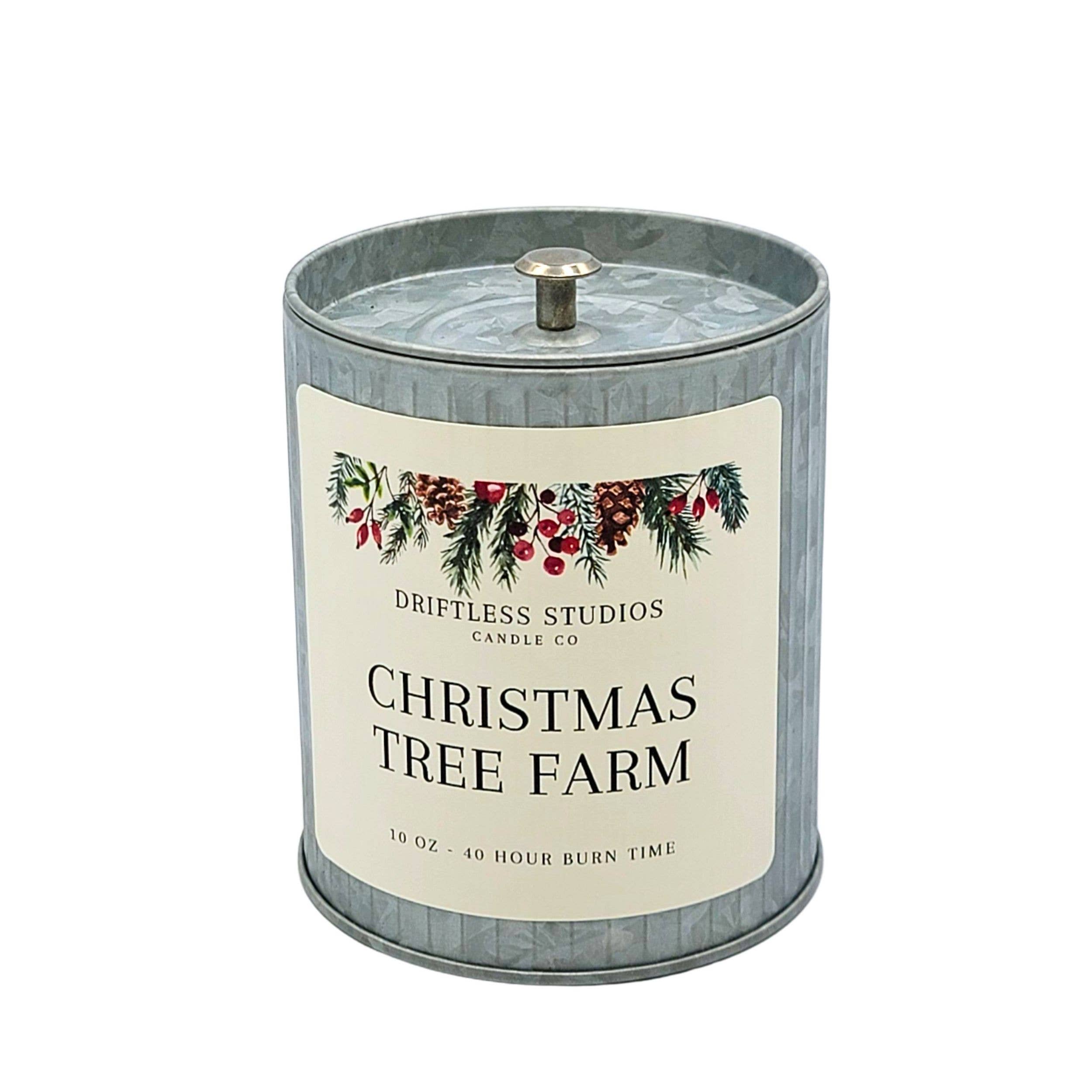 Driftless Studios - Wholesale Jar/Filled Candle - Christmas Tree Farm Candles Tin Farmhouse Candle