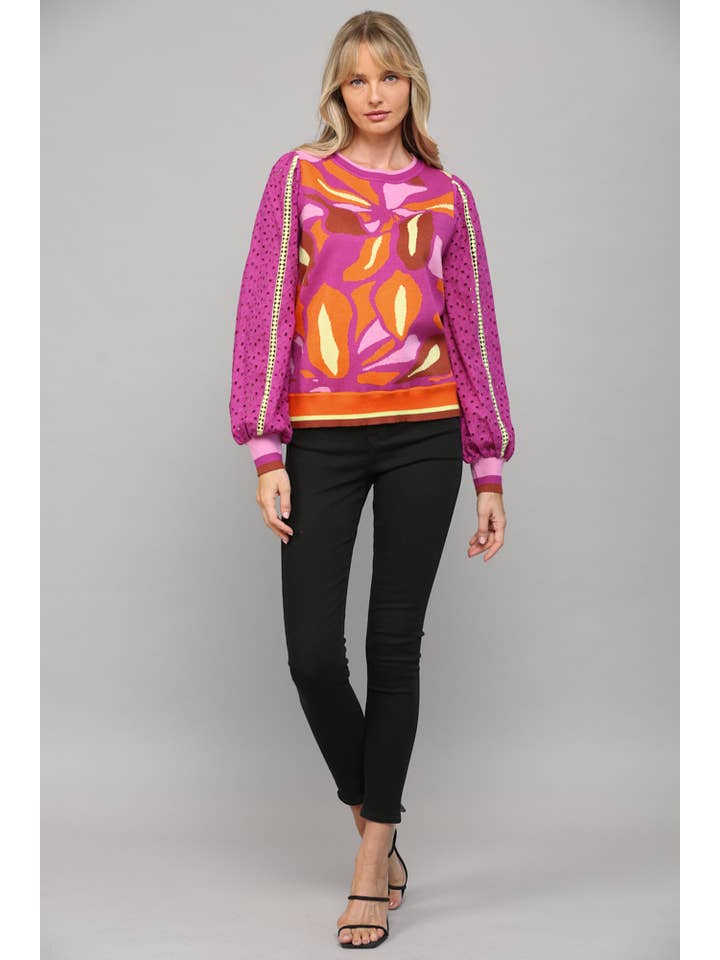 FATE - Wholesale Knit Sweater - Women's - CONTRAST LACE SLV JACQUARD SWEATER FW10014