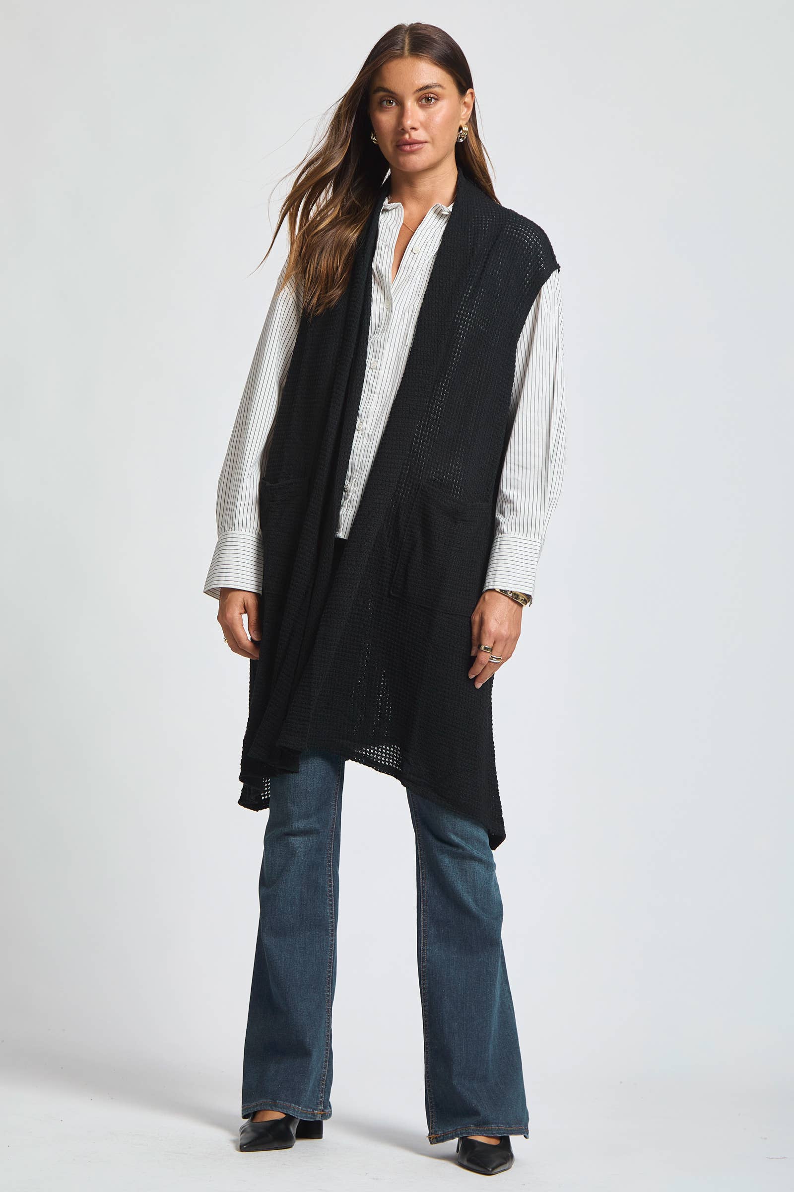 Dear Scarlett - Wholesale Outerwear Vest - Women's - Sleeveless Crochet Midi Vest Cardigan