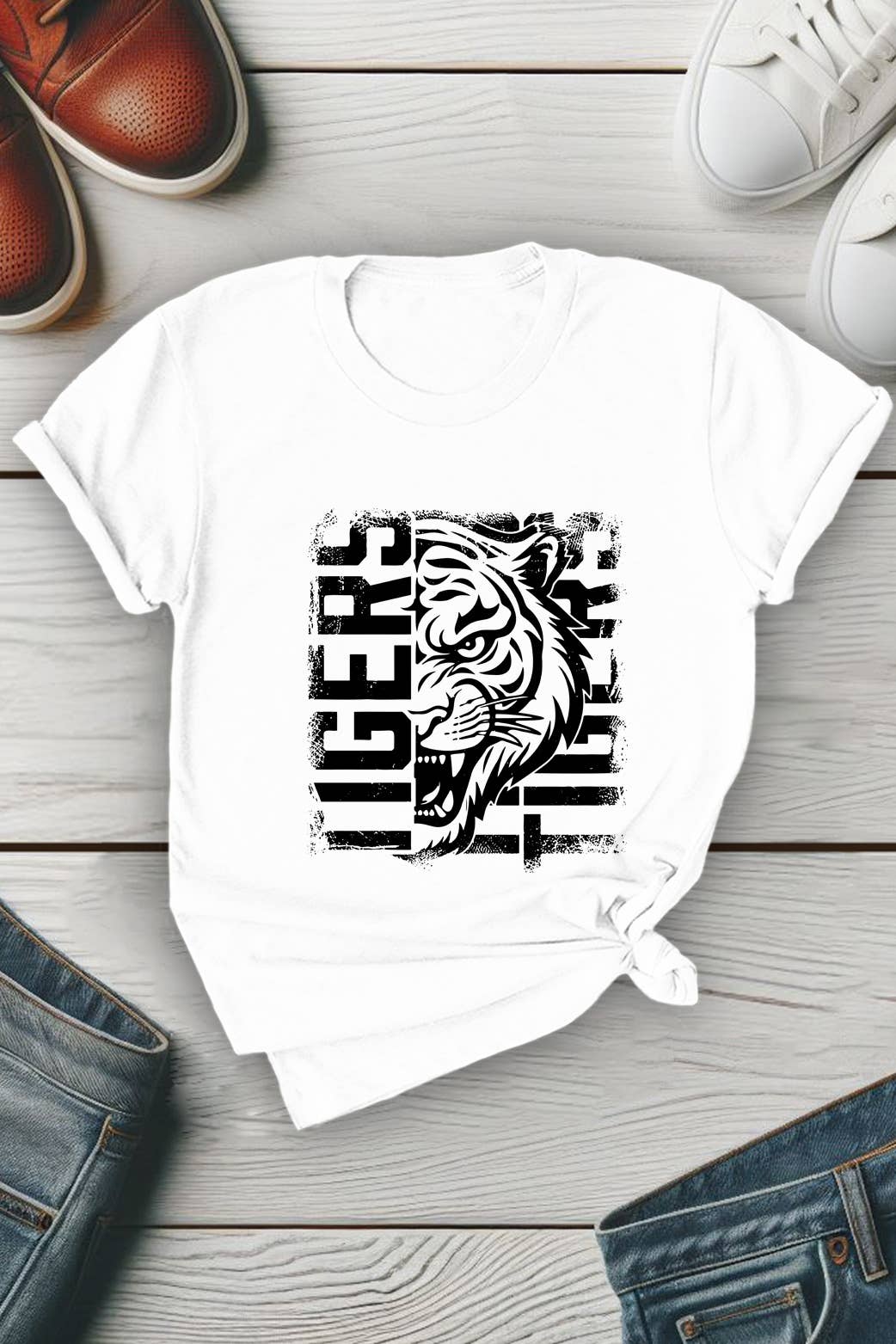 Top Avenue - Vendita all'ingrosso Maglietta stampata - Unisex - T-shirt unisex con scollo tondo con tigre invecchiata0