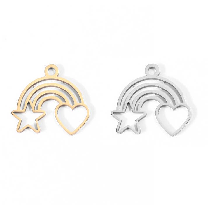 18K Gold PVD Stainless Steel Rainbow Heart and Star Charm for wholesale by WJW