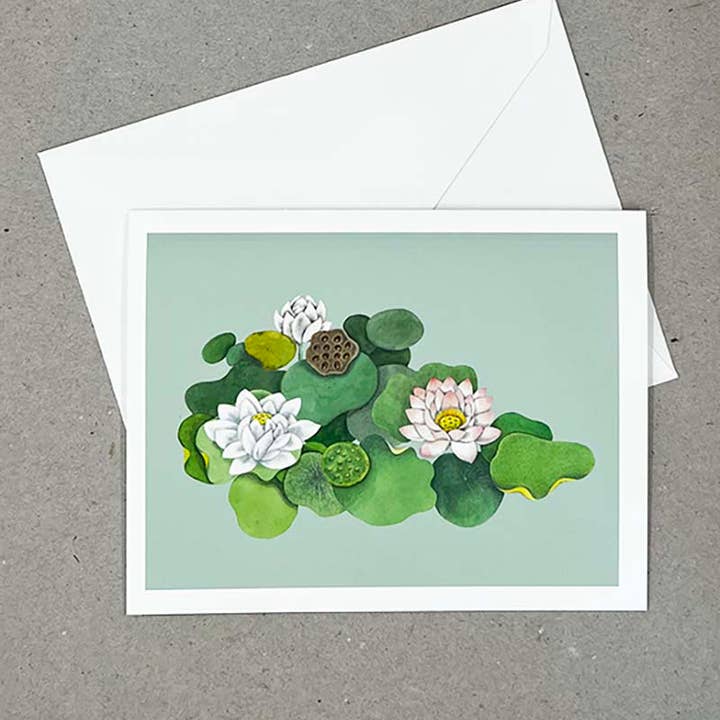 VMazzoni - Wholesale Stationery/Notecard Set - Lan Su Lotus Trio on Celadon Background
