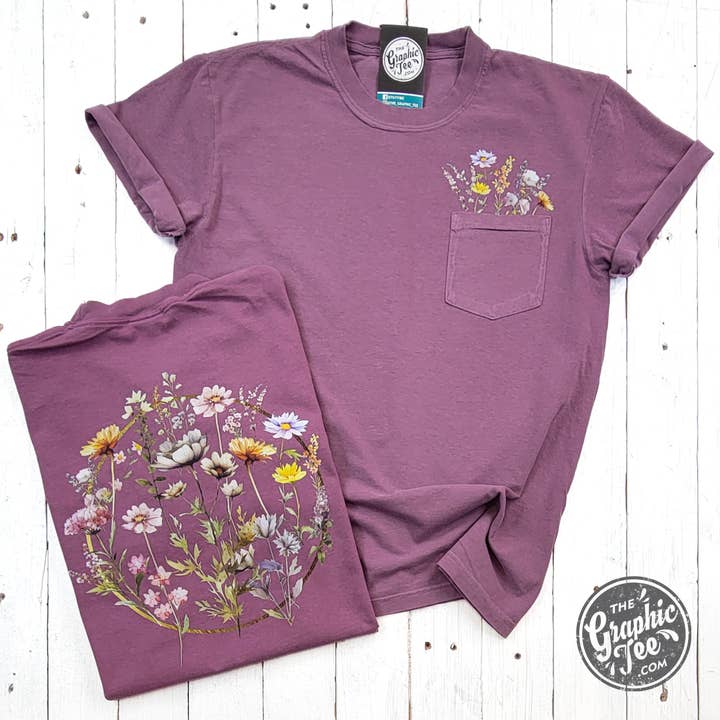Everlasting Wildflower Berry Comfort Colors Pocket Short Sleeve Tee for wholesale by The Graphic Tee