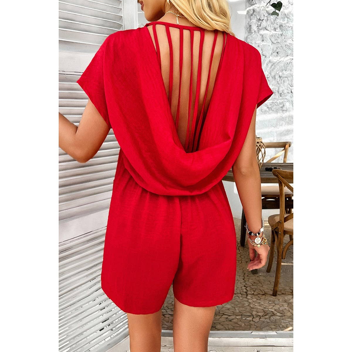 RED Solid Deep V Neck Drop Shoulder Loose Pockets Romper for wholesale on Faire2