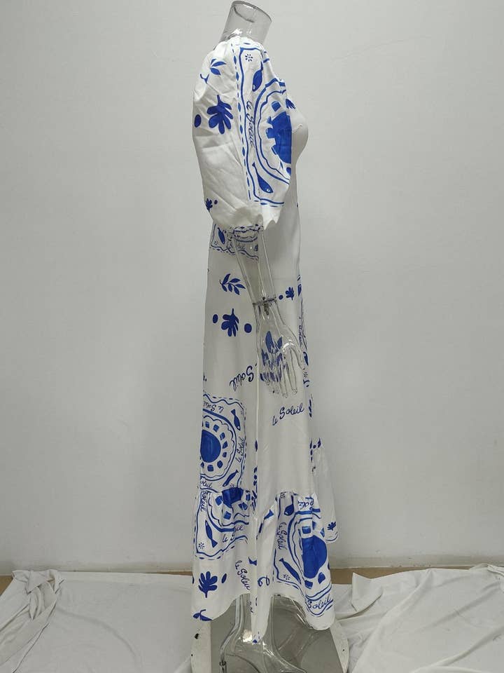 Rosa Clothing - Wholesale Dress - Women's - Unique Print Square Neck Bubble Sleeve Dress
