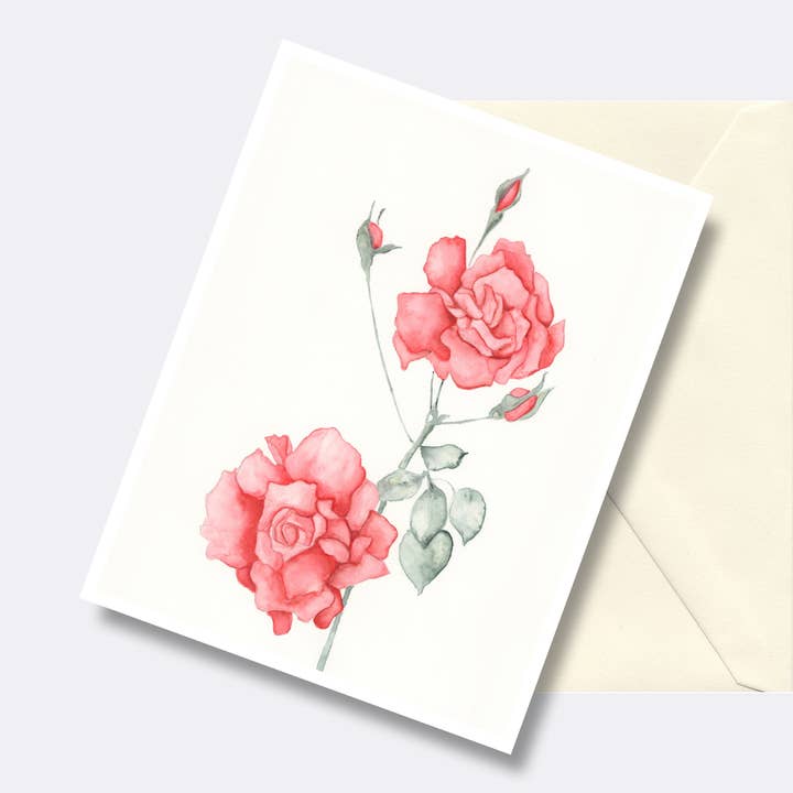 Pink Rose Sprig Floral Art Greeting Card for wholesale by Fine Art For Small Spaces
