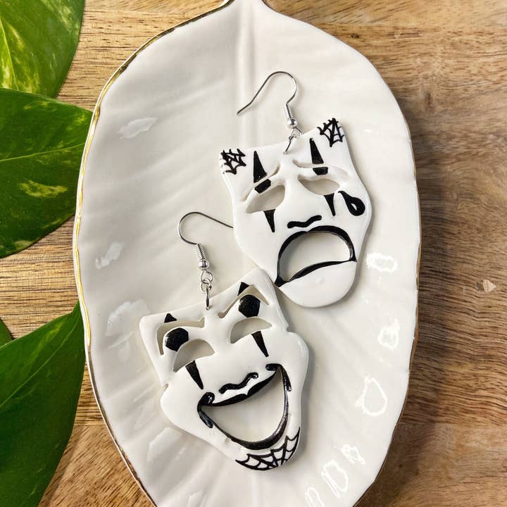 Desert Muse Studios - Wholesale Dangle Earrings - Tattoo Earrings- Smile now cry later masquerade theater mask earrings, polymer clay novelty counter culture payaso comedy tragedy1