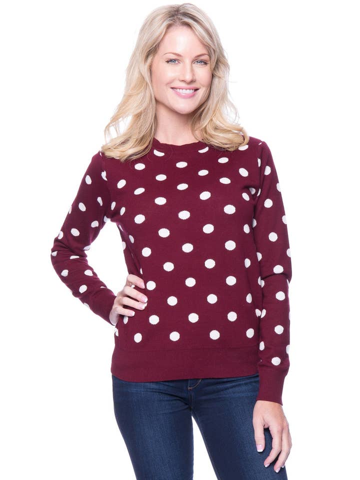 Premium Cotton Crew Neck Sweater - Polka Dots Bordeaux/Ivory for wholesale by Tocco Reale