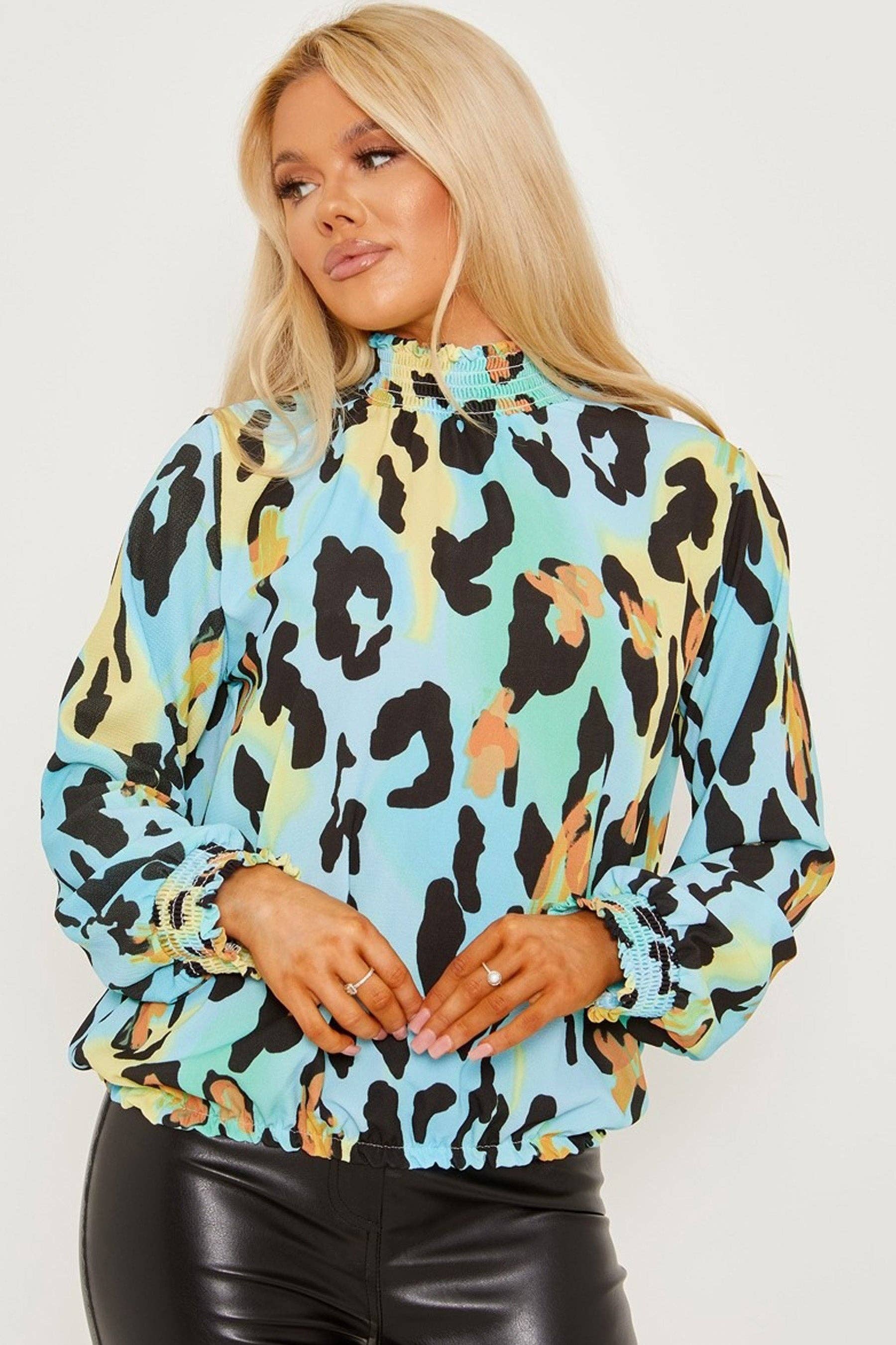 LMA High Neck Animal Print Shirred Blue Top for wholesale on Faire2
