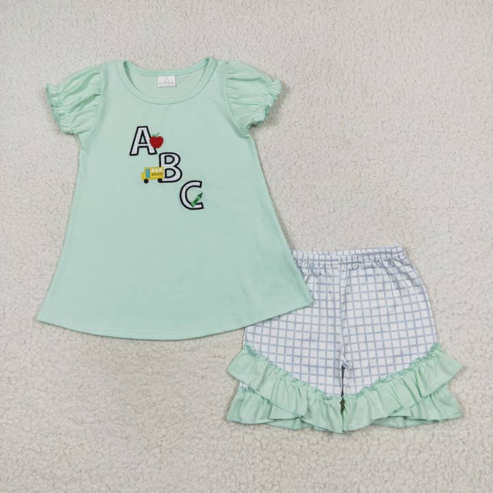 Ensembles de vêtements verts pour la rentrée scolaire ABC pour petites filles et tout-petits pour la vente par Aier Wholesale