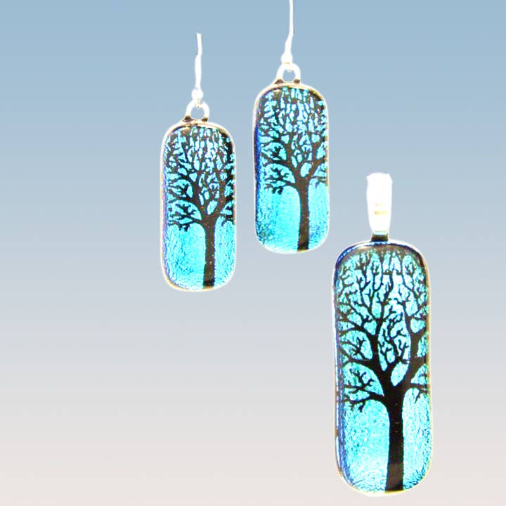 Tree #4 Rectangle Pendant 1/2" x 1" with Earrings 3/8" x 1" for wholesale by Glimmer Glass Gifts