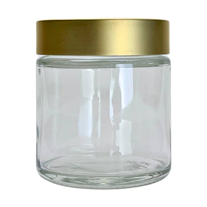 Bocal en verre transparent de 4 oz à côté droit avec couvercle en or brossé pour la vente par The Bottle Shoppe