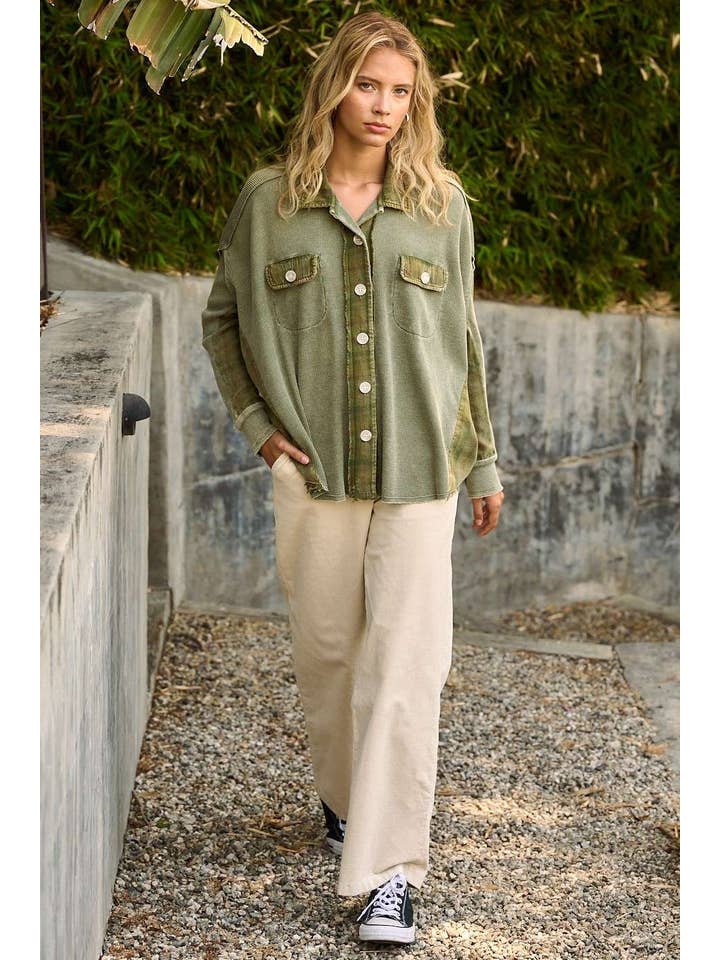 mittoshop - Wholesale Shirt Jacket/Shacket - Women's - MINERAL WASH PLAID CONTRAST WAFFLE KNIT SHACKET11