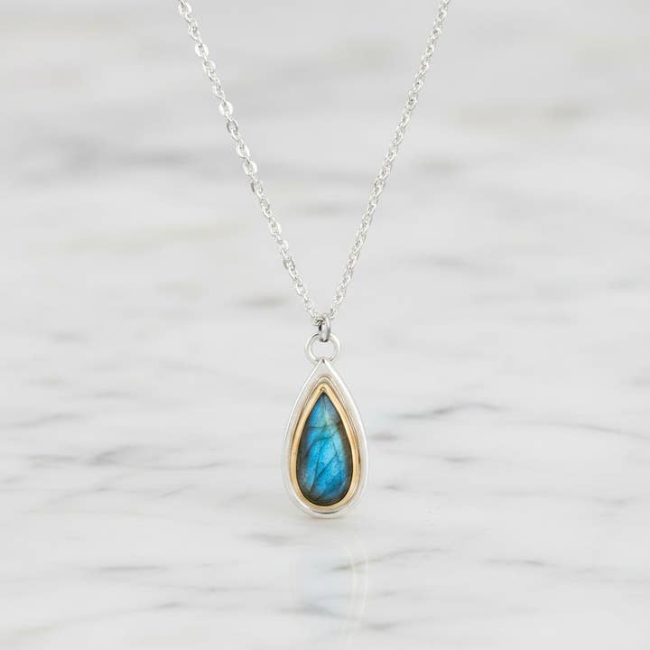 Labradorite Teardrop Mixed Metal Necklace for wholesale by J + I Jewelry