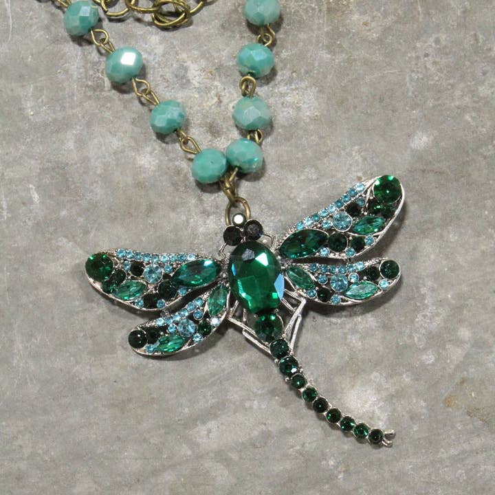 The Primitive Peddler, Inc. - Wholesale Pendant/Charm Necklace - Silent Whispers Dragonfly Bling Shades Of Green Layered Necklace2
